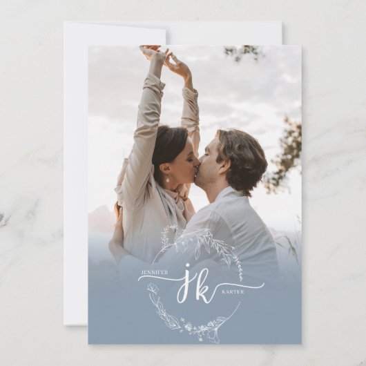 Invitation Floral Dusty Blue Monogram Photo QR Code Mariage (Dos)