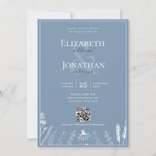 Invitation Floral Dusty Blue Monogramme Bordure QR Mariage ph
