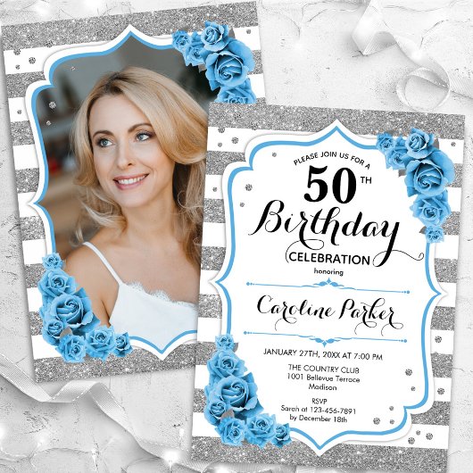 Invitation Floral Dusty Blue Silver Photo 50e anniversaire