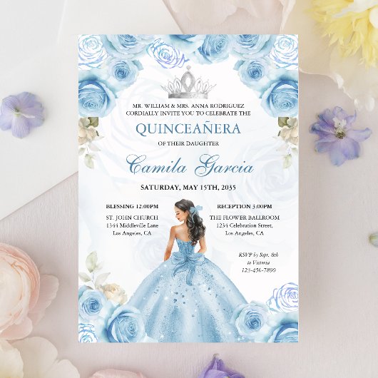 Invitation Floral Dusty Blue & Silver Princess Quinceañera