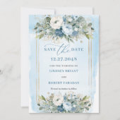 Invitation Floral Dusty Blue White Gold Flowers Enregistrer L (Devant)