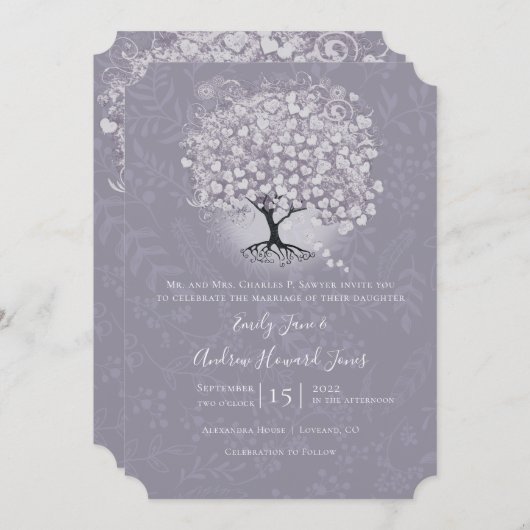Invitation Floral Dusty Lavender Heart Leaf Tree Mariage (Devant / Derrière)