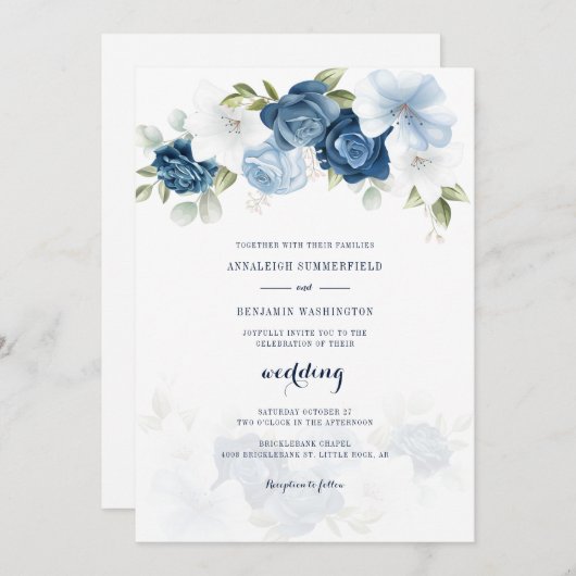 Invitation Floral Dusty Mariage bleu (Devant / Derrière)