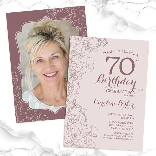 Invitation Floral Dusty Pink Photo 70e fête d'anniversaire