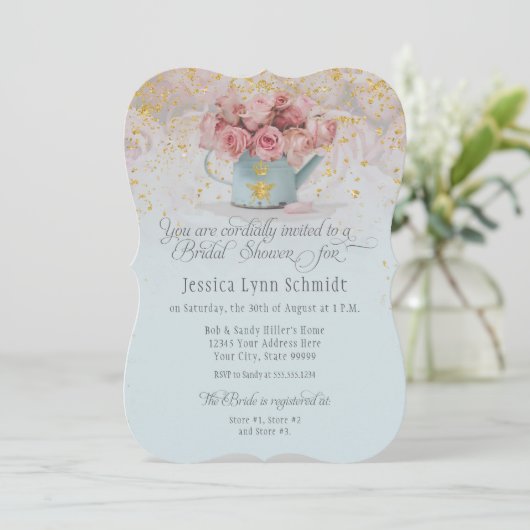 Invitation Floral Dusty Rose Bee Gold Blue Fête des mariées (Debout devant)