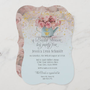 Invitation Floral Dusty Rose Gold Blue Fête des mariées Thé
