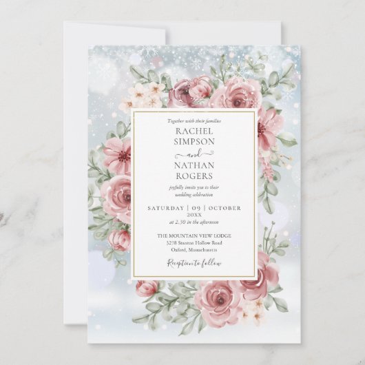 Invitation Floral Dusty Rose Gold Mariage d'hiver (Devant)