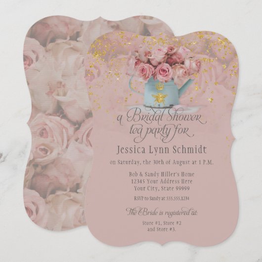 Invitation Floral Dusty Rose Gold Parties scintillant Fête d (Devant / Derrière)