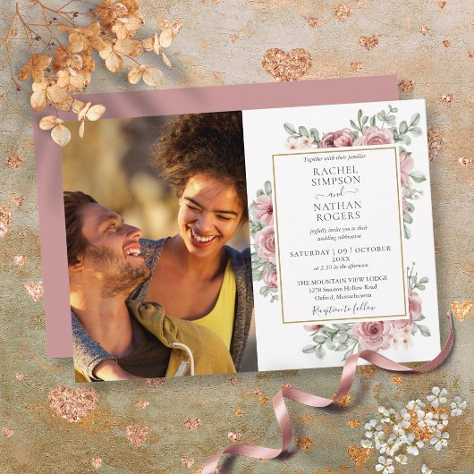 Invitation Floral Dusty Rose Gold Photo Mariage