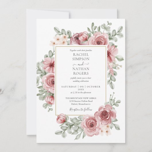 Invitation Floral Dusty Rose QR Code Mariage (Devant)
