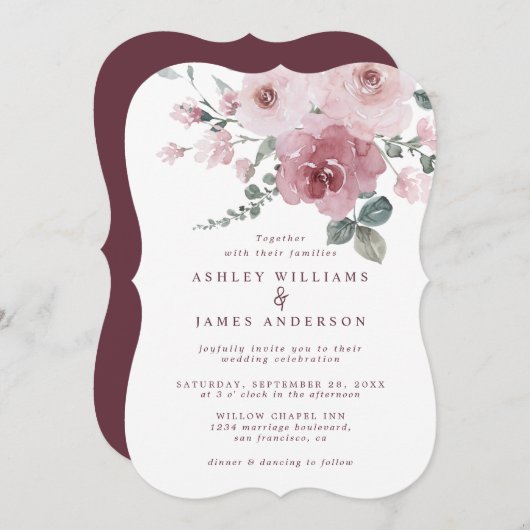 Invitation Floral Dusty Rose Rose Mariage Bourgogne (Devant / Derrière)