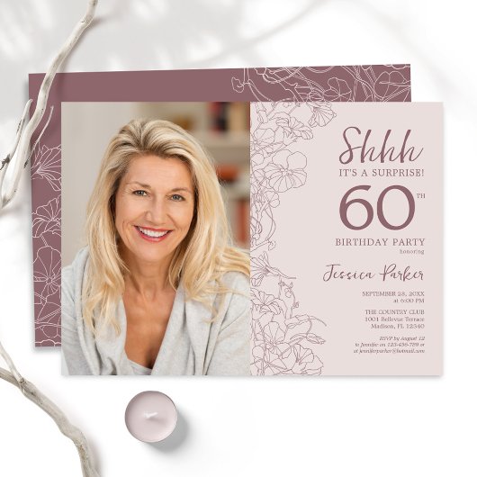 Invitation Floral Dusty rose Surprise Photo 60e anniversaire