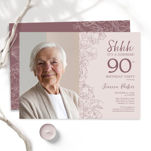 Invitation Floral Dusty rose Surprise Photo 90e anniversaire