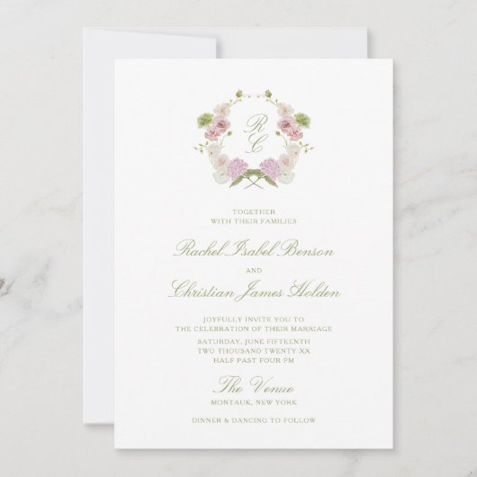 Invitation Floral Elegance Monogram Crest Wedding (Devant)