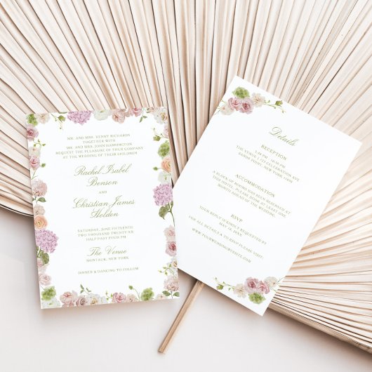 Invitation Floral Elegance Pink Green All in one Wedding