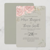 Invitation Floral Elegant Aquarelle Verdure Rose Feuille d'or (Devant / Derrière)