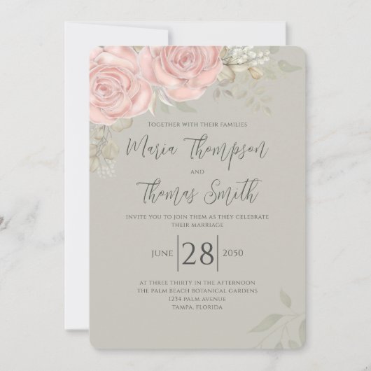 Invitation Floral Elegant Aquarelle Verdure Rose Feuille d'or (Devant)