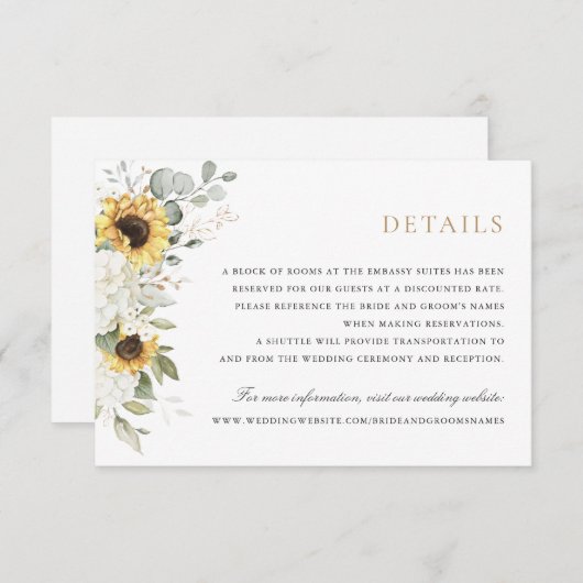 Invitation Floral Elegant Blanc Hydrangea Sunflowers Détails (Devant / Derrière)