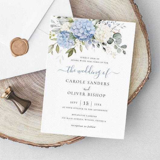 Invitation Floral Elegant Blue Hydrangea Mariage de verdure