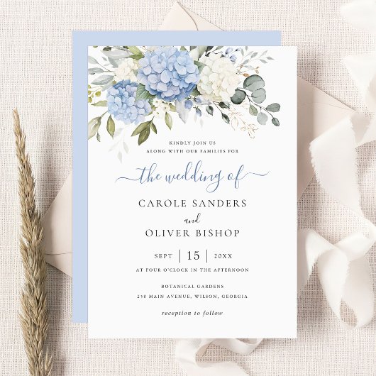 Invitation Floral Elegant Blue Hydrangea Mariage de verdure