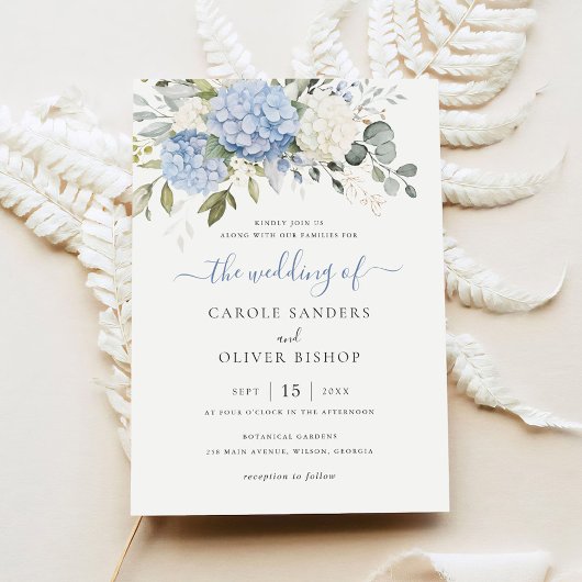 Invitation Floral Elegant Blue Hydrangea Mariage de verdure