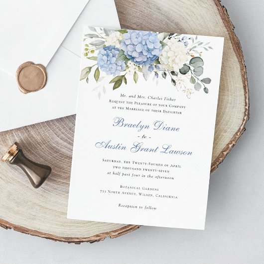 Invitation Floral Elegant Blue Hydrangea Mariage de verdure