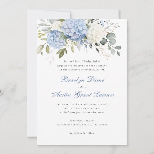 Invitation Floral Elegant Blue Hydrangea Mariage de verdure (Devant)