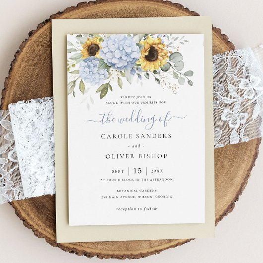 Invitation Floral Elegant Blue Hydrangea Sunflowers Mariage