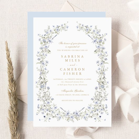 Invitation Floral Elegant Blue Wreath Fleur sauvage Mariage