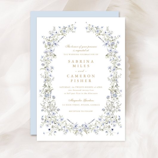 Invitation Floral Elegant Blue Wreath Fleur sauvage Mariage
