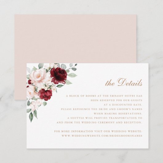 Invitation Floral Elegant Blush Bourgogne Détails du Mariage (Devant / Derrière)