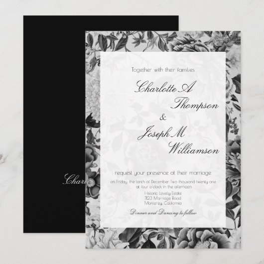 Invitation Floral Elegant Botanique Noir Blanc Mariage (Devant / Derrière)