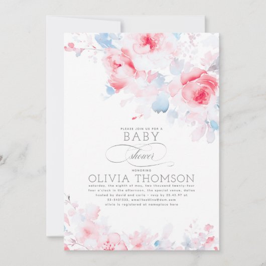 Invitation Floral Elegant Doux Dusty Baby shower bleu rose (Devant)