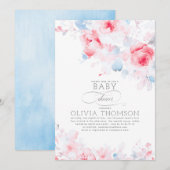 Invitation Floral Elegant Doux Dusty Baby shower bleu rose (Devant / Derrière)