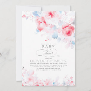 Invitation Floral Elegant Doux Dusty Baby shower bleu rose