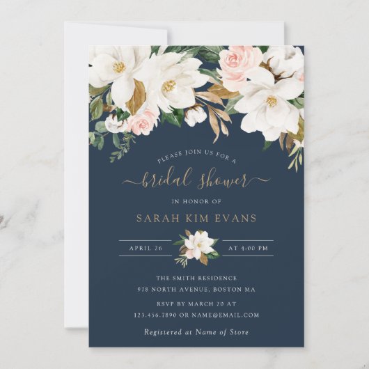 Invitation Floral Elegant Magnolia Blush Fête des mariées mar (Devant)