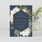 Invitation Floral Elegant Magnolia Blush Navy Mariage neutre (Debout devant)