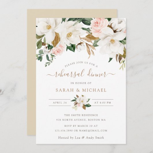Invitation Floral Elegant Magnolia Blush Neutral Rehearer (Devant / Derrière)