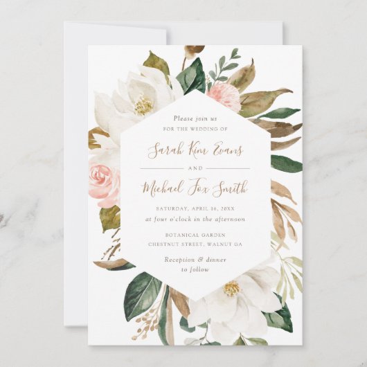 Invitation Floral Elegant Magnolia Blush rose Neutral Mariage (Devant)