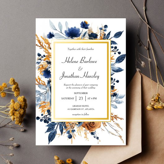 Invitation Floral Elegant Marine Blue Terracotta Mariage