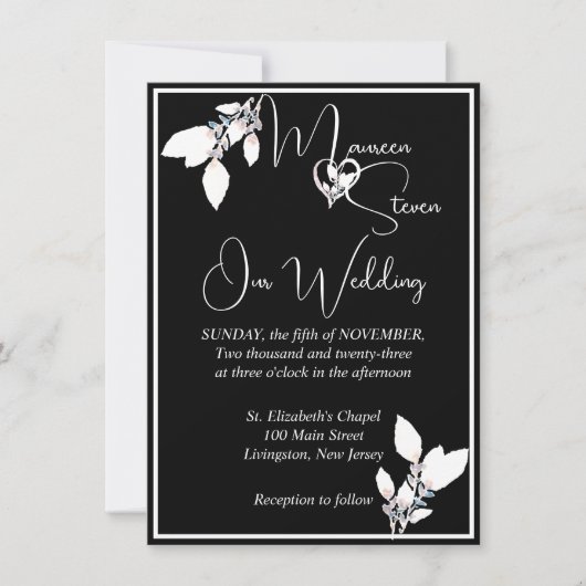 Invitation Floral Elegant noir et blanc Mariage (Devant)