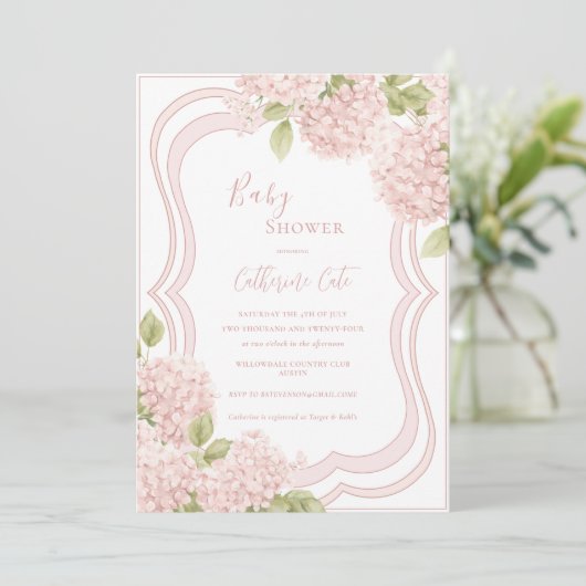 Invitation Floral Elegant Pink Hydrangea Baby Shower (Debout devant)