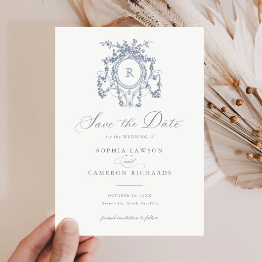 Invitation Floral Elegant Rose Crest Blue Date de sauvegarde