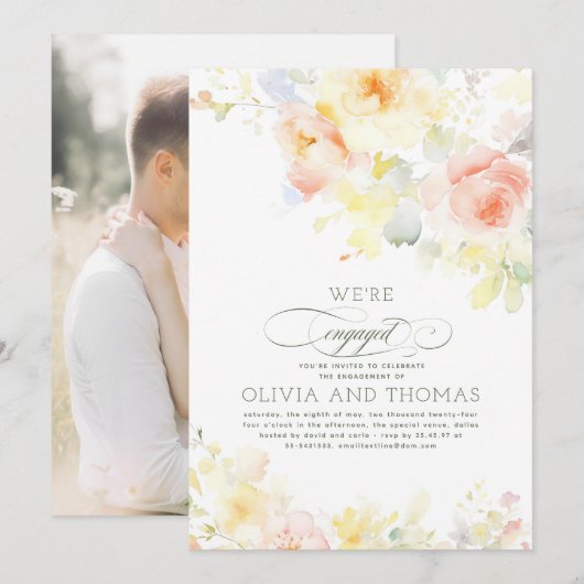 Invitation Floral Elegant Summer Engagement Party Photo (Devant / Derrière)