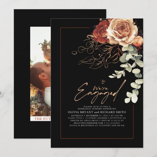 Invitation Floral Elegant Terracotta Black Engagement Party (Devant / Derrière)