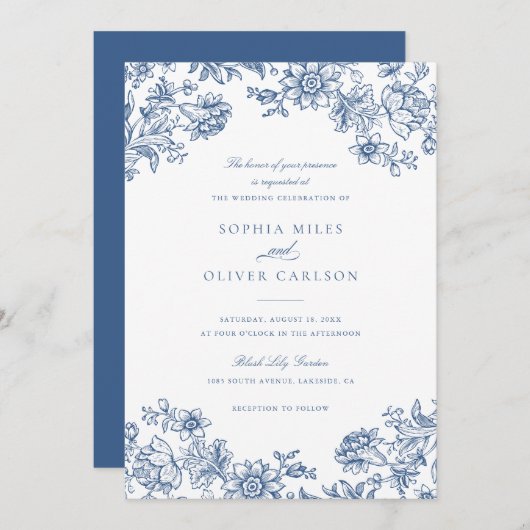 Invitation Floral Elegant Vintage Blue Mariage (Devant / Derrière)