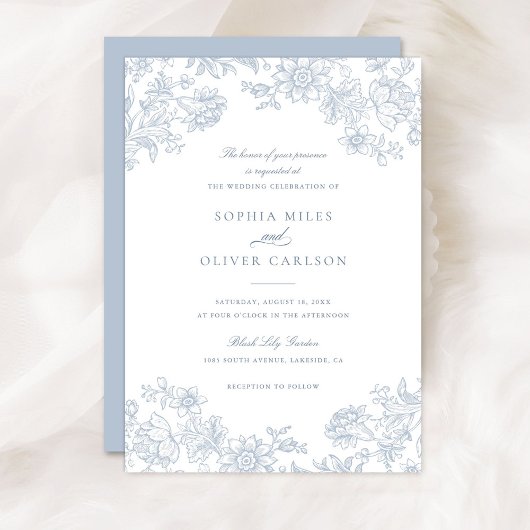 Invitation Floral Elegant Vintage Dusty Blue Mariage