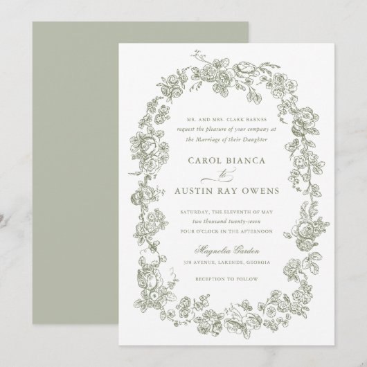 Invitation Floral Elegant Vintage Rose  Sage Mariage (Devant / Derrière)
