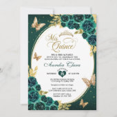 Invitation Floral Emerald Gold Tiara Butterfly Quinceañera (Devant)