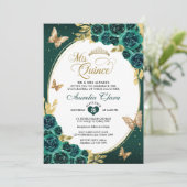 Invitation Floral Emerald Gold Tiara Butterfly Quinceañera (Debout devant)